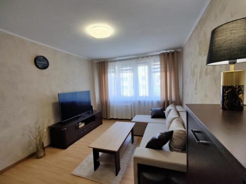 a living room with a couch and a tv at Dwupokojowe mieszkanie Nowy Dwór Mazowiecki in Nowy Dwór Mazowiecki