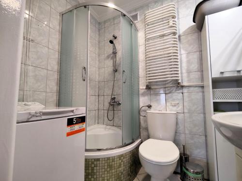 a bathroom with a shower and a toilet and a sink at Dwupokojowe mieszkanie Nowy Dwór Mazowiecki in Nowy Dwór Mazowiecki