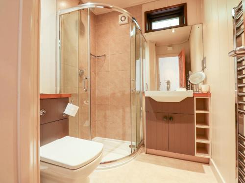 a bathroom with a shower and a toilet and a sink at Seaton in Cottesmore
