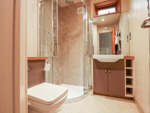 ein Bad mit einem WC, einer Dusche und einem Waschbecken in der Unterkunft Hambleton in Cottesmore
