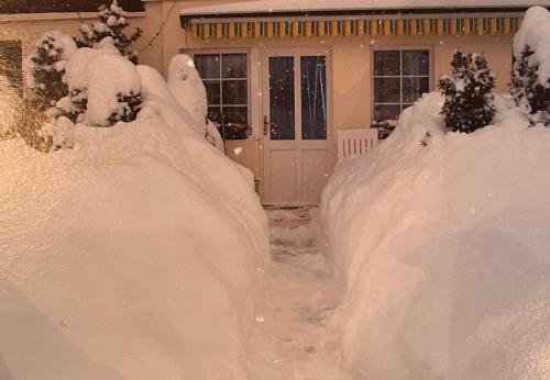 a yard covered in snow in front of a house at Ferienwohnung in Stein AR in Stein
