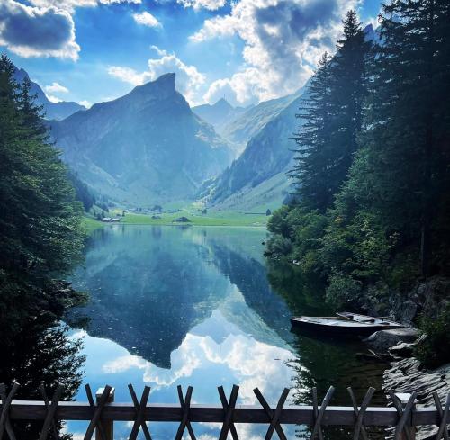 a view of a lake with mountains in the background at Ferienwohnung in Stein AR in Stein