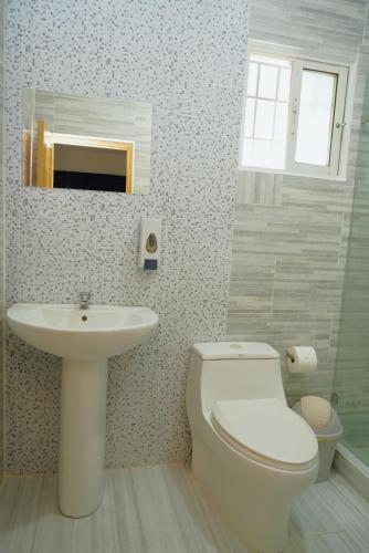 a bathroom with a white toilet and a sink at Hostal 53 Boutique Santo Domingo in Santo Domingo