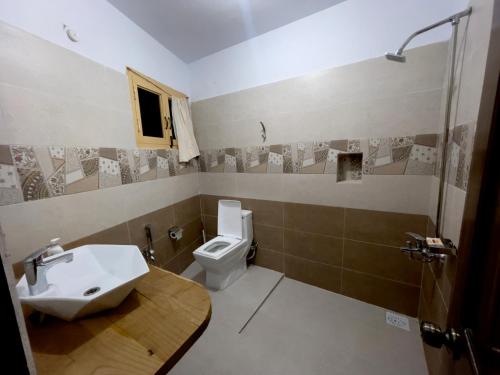 La salle de bains est pourvue d'un lavabo et de toilettes. dans l'établissement Lavender Cottage and Guest House, à Skardu