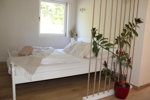 a white bed in a room with a potted plant at Chechar Inn Zlatar in Nova Varoš