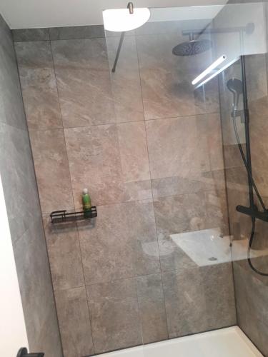 a shower with a glass door in a bathroom at Apartment by Bruno in Innsbruck