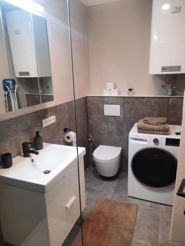 uma casa de banho com um WC, um lavatório e uma máquina de lavar roupa em Apartment by Bruno em Innsbruck