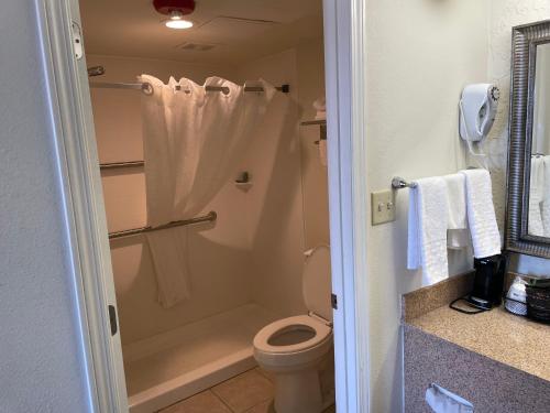 a bathroom with a shower with a toilet and a sink at Quality Inn Clinton North in Clinton