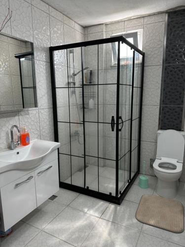 a bathroom with a shower and a sink and a toilet at Tirebolu Kaplan Apartman 