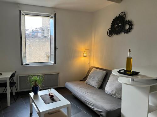 una sala de estar con un sofá y una mesa en Cosy Studio hyper centre avec kitchenette & Climatisation, en Carpentras