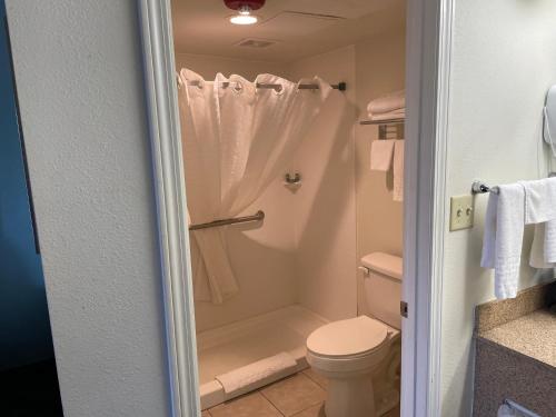 a bathroom with a shower with a toilet at Quality Inn Clinton North in Clinton