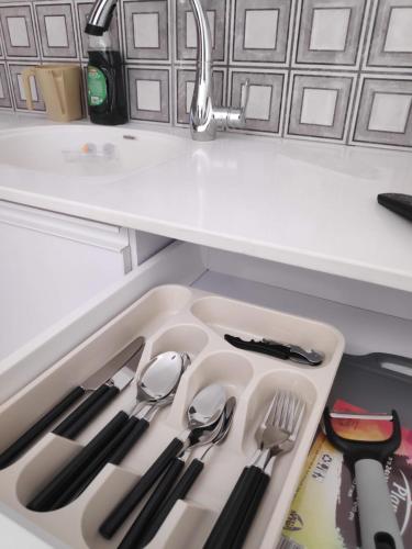 a kitchen sink with utensils in a drawer at אשל ציפורה in Arad