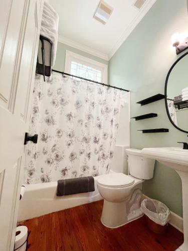 a bathroom with a toilet and a shower curtain at 1885 Vintage Parlor Loft: Heart of Historic SAV in Savannah