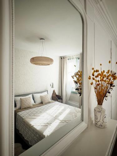 a bedroom with a large mirror and a bed at Maison d'hôte Les Allois in Limoges