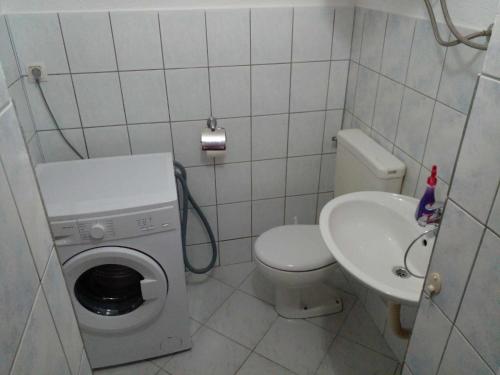 Baño pequeño con aseo y lavamanos en Stan na dan Apartman Kozarac, en Kozarac