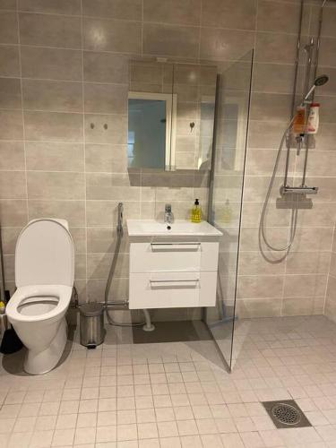 een badkamer met een toilet, een douche en een wastafel bij Täysin remontoitu iso kaksio. in Rauma