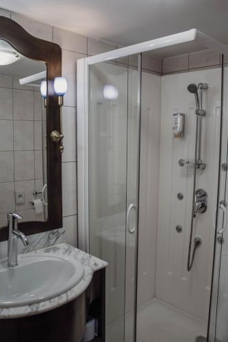 a bathroom with a shower and a sink at Črni Baron Pension Black Baron in Maribor
