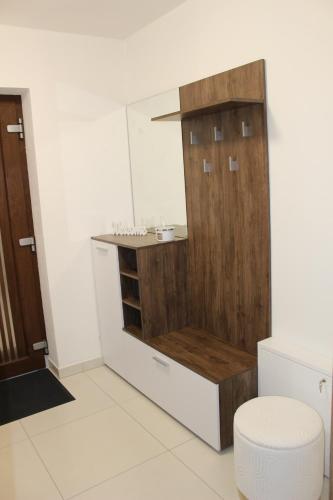 a bathroom with a toilet and a counter at Apartmán 2023 in Stříbro
