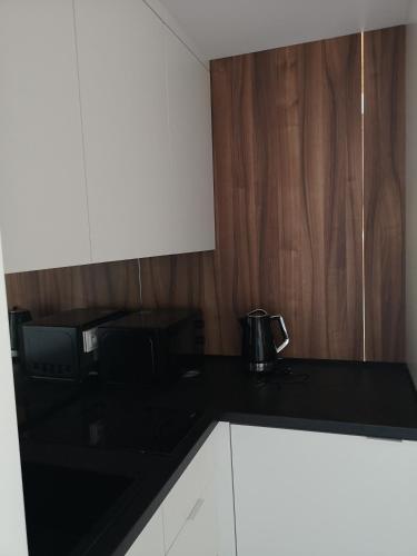 a kitchen with a black counter top with a coffee maker at Magnolia Loft Apartments in Wrocław