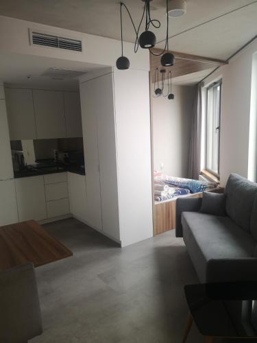 a living room with a couch and a kitchen at Magnolia Loft Apartments in Wrocław