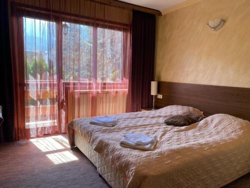 ein Schlafzimmer mit einem Bett und einem großen Fenster in der Unterkunft Iglika Bansko in Bansko