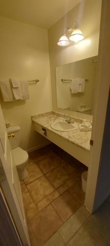 uma casa de banho com um lavatório, um WC e um espelho. em Granby River Inn & Suites em Grand Forks