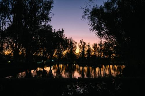 a view of a lake with trees and a sunset at BTH Hotel Arequipa Lake in Arequipa