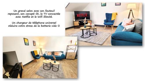 a living room with a blue couch and a tv at Sous les toits – tout confort in Saint-Brieuc