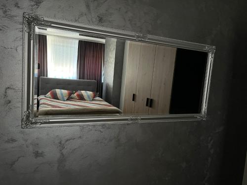 斯拉沃尼亞布羅德的住宿－Aby，挂在墙上的镜子和床