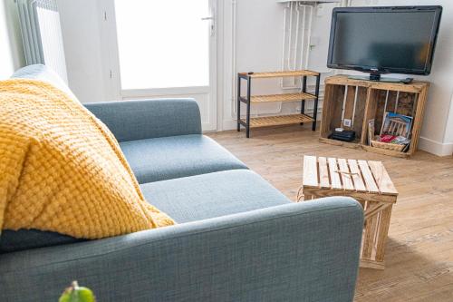 un salon avec un canapé bleu et une télévision dans l'établissement Joli nid douillet proche Nîmes, à Bouillargues