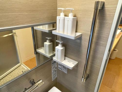 baño con 2 dispensadores de jabón y espejo en Asuka no yado - Vacation STAY 14132, en Asuka