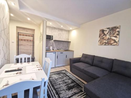 a living room with a black couch and a table at Pokoje i Apartament U Ireny in Poronin