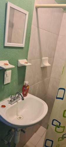 ein Bad mit einem Waschbecken und einem Spiegel in der Unterkunft Hospedaje Real Ixiim Habitación (2) personas in Mineral del Monte