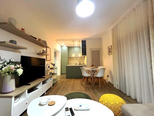 uma pequena sala de estar com uma cozinha e uma sala de estar em Caruso apartment em Tivat