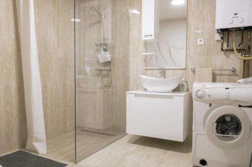 a bathroom with a shower and a sink and a washing machine at Backspace Apartments in Vršac