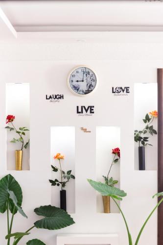 a shelf with plants and a clock on a wall at Apartments FourRoses in Ulcinj