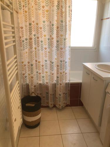 a bathroom with a shower curtain and a sink at Superbe T2 à Balaruc les Bains in Balaruc-les-Bains