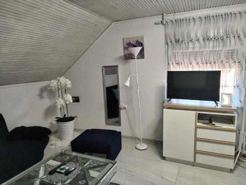 a living room with a flat screen tv and a couch at Apartmani Jozić in Garešnica
