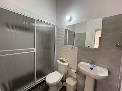 La salle de bains est pourvue de toilettes, d'un lavabo et d'une douche. dans l'établissement Cabaña Hostal Santorini, à Colón