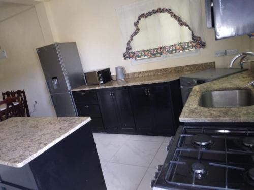 a kitchen with a sink and a stove top oven at Ark Royal of the Caribbean in Arnos Vale