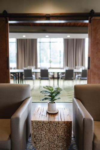 a room with two chairs and a table with a plant on it at Hotel Indigo Traverse City by IHG in Traverse City