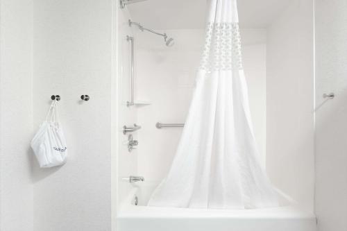 a bathroom with a shower with a white shower curtain at Hampton Inn Oak Ridge Knoxville in Oak Ridge