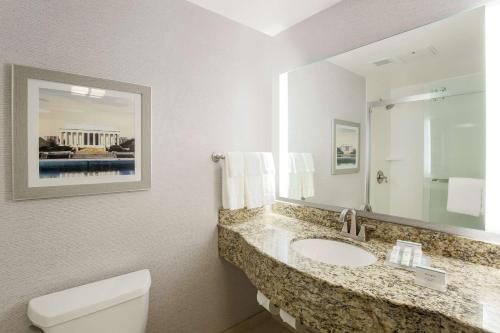 a bathroom with a sink and a toilet and a mirror at Hilton Garden Inn Shirlington in Arlington