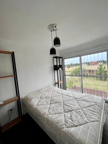 a bedroom with a bed and a large window at CASA CONTENEDOR in Necochea