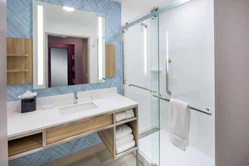 Hilton Garden Inn Surprise Phoenix في سوربرايز: حمام مع حوض ودش