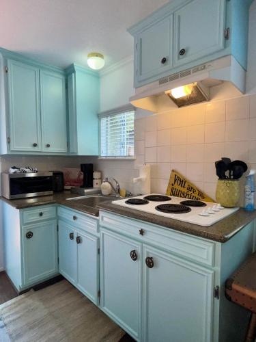 a kitchen with blue cabinets and a stove top oven at Morse Cottage in Houston