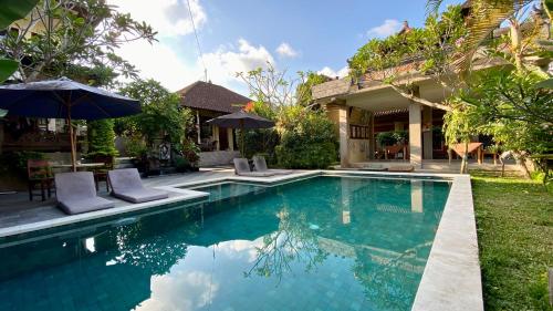 - une piscine avec des chaises et un parasol à côté d'une maison dans l'établissement Ayu Bisma Homestay, à Ubud