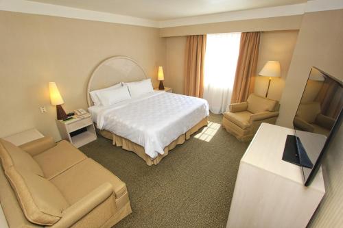 a hotel room with a bed and a couch and a tv at Holiday Inn Leon-Convention Center by IHG in León
