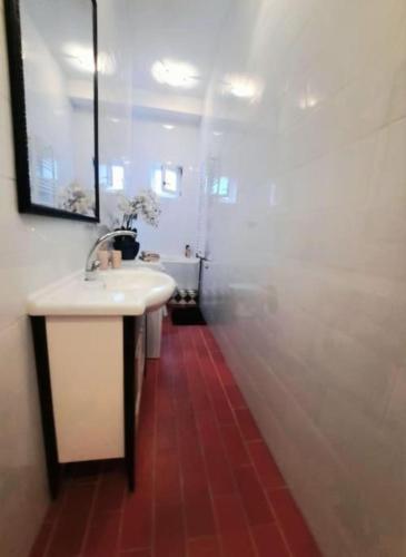 a bathroom with a white sink and a mirror at Timisoara Central 2 Bedroom Hotel Serviced Belle Vue Apart By the Park in Timişoara