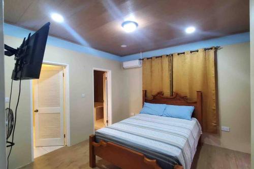 1 dormitorio con 1 cama y TV de pantalla plana en Luxurious 4-bedroom home in serene community, en Roseau